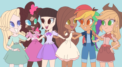 Size: 1023x560 | Tagged: safe, artist:cloudofalltrades, imported from derpibooru, applejack, fluttershy, pinkie pie, rainbow dash, rarity, twilight sparkle, human, equestria girls, blue background, dark skin, freckles, humane five, humane six, humanized, light skin, moderate dark skin, pixel art, simple background, tan skin, vitiligo