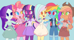 Size: 1023x560 | Tagged: safe, artist:cloudofalltrades, imported from derpibooru, applejack, fluttershy, pinkie pie, rainbow dash, rarity, twilight sparkle, human, equestria girls, blue background, colored pupils, freckles, humane five, humane six, simple background