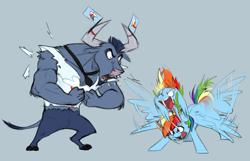 Size: 1280x824 | Tagged: safe, artist:chub-wub, imported from derpibooru, iron will, rainbow dash, minotaur, pegasus, pony, blue background, clothes, duo, duo male and female, epic, fangs, female, flag, flapping wings, flexing, gray background, head shake, hype, hype man, male, mare, motion blur, motion lines, muscles, necktie, open mouth, shirt, simple background, t-shirt, torn clothes, wings, yelling