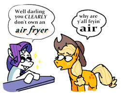 Size: 1146x902 | Tagged: safe, artist:punkittdev, imported from derpibooru, applejack, rarity, earth pony, pony, unicorn, air fryer, applejack's hat, clearly you don't own an air fryer, cowboy hat, crossed hooves, dialogue, duo, duo female, female, funny, hat, horsecomix, literal minded, open mouth, simple background, sparkles, speech bubble, stetson, white background