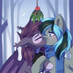 Size: 2048x2038 | Tagged: safe, alternate version, artist:cheekipone, imported from derpibooru, oc, oc:luny, oc:pestyskillengton, bat pony, pegasus, pony, alternate character, christmas, clothes, couple, duo, female, heart, heart eyes, holding, holiday, holly, holly mistaken for mistletoe, kiss on the lips, kissing, lesbian, married couple, oc x oc, pegasus oc, scarf, shipping, tree, wingding eyes