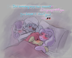 Size: 1920x1561 | Tagged: safe, artist:anonyxnugax, imported from derpibooru, apple bloom, diamond tiara, silver spoon, sweetie belle, earth pony, unicorn, bed, blushing, cuddling, dialogue, diamondbloom, female, lesbian, older, older apple bloom, older diamond tiara, older silver spoon, older sweetie belle, shipping, silverbelle, sleeping, unamused