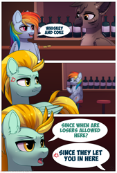 Size: 1270x1884 | Tagged: safe, artist:dinoalpaka, imported from derpibooru, lightning dust, rainbow dash, griffon, pegasus, pony, comic:adventures rainbow dash, comic, cross-popping veins, dialogue, drink, emanata, female, male, mare, open mouth, speech bubble, wavy mouth, wings