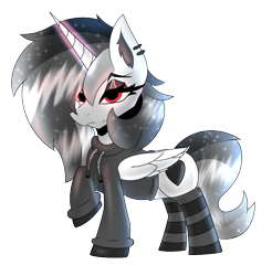 Size: 1000x1016 | Tagged: safe, artist:zadrex, imported from derpibooru, oc, oc only, alicorn, pony, derpibooru community collaboration, 2023 community collab, alicorn oc, clothes, ear piercing, heart, hoodie, horn, long mane, piercing, raised hoof, red eyes, simple background, solo, sparkly mane, stockings, thigh highs, transparent background, wings