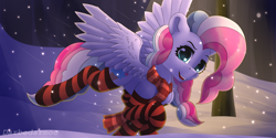 Size: 4096x2048 | Tagged: safe, artist:darbedarmoc, imported from derpibooru, oc, oc only, oc:sky sorbet, pegasus, clothes, female, forest, lamp, lamppost, looking at you, pegasus oc, scarf, smiling, smiling at you, snow, snowfall, socks, solo, spread wings, striped scarf, striped socks, wings, winter