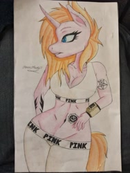 Size: 2448x3264 | Tagged: safe, artist:inm4te-art, imported from derpibooru, oc, oc only, oc:lily, anthro, unicorn, fallout equestria: demoniac, female, hand on hip, pipbuck, solo, tattoo, traditional art