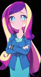 Size: 384x704 | Tagged: safe, editor:luckreza8, imported from derpibooru, princess cadance, human, equestria girls, ai content, ai generated, anime, black background, crossed arms, dean cadance, female, generator:pinegraph, simple background, solo