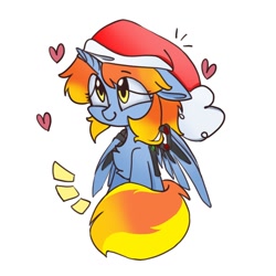 Size: 1080x1080 | Tagged: safe, artist:dani kiko, imported from derpibooru, oc, oc only, oc:黄昏夜雨, pony, unicorn, artificial wings, augmented, chest fluff, christmas, cute, eye clipping through hair, female, floating heart, hat, heart, holiday, horn, mare, mechanical wing, santa hat, simple background, smiling, solo, unicorn oc, white background, wings