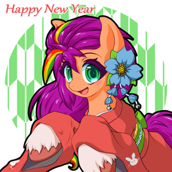 Size: 2000x2000 | Tagged: safe, artist:ragurimo, imported from derpibooru, sunny starscout, earth pony, pony, clothes, coat markings, cute, flower, flower on ear, g5, happy, happy new year, happy new year 2023, holiday, kimono (clothing), leg fluff, open mouth, open smile, smiling, socks (coat markings), solo, sunnybetes, unshorn fetlocks