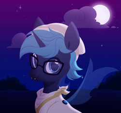 Size: 3000x2800 | Tagged: safe, artist:belka-sempai, imported from derpibooru, oc, oc only, changeling, changeling oc, cloud, glasses, moon, night, solo