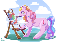 Size: 5787x4092 | Tagged: safe, artist:katarablankart, imported from derpibooru, toola roola, earth pony, pony, cloud, easel, g3, mouth hold, paintbrush, painting, sky, solo, toola roola will be painting away