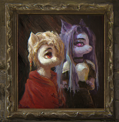 Size: 2340x2402 | Tagged: safe, artist:rvsd, imported from derpibooru, oc, oc only, bat pony, pony, bat pony oc, clothes, frame, looking at each other, looking at someone, oil painting, picture frame, traditional art