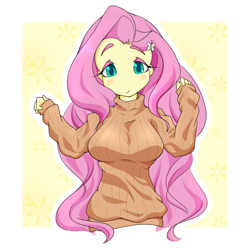 Size: 5000x5000 | Tagged: safe, artist:zemlya, imported from derpibooru, fluttershy, human, equestria girls, breasts, busty fluttershy, butterfly hairpin, clothes, female, looking at you, smiling, smiling at you, solo, sweater, sweatershy