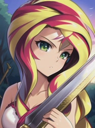 Size: 512x683 | Tagged: safe, editor:sammykun, imported from derpibooru, sunset shimmer, human, ai content, ai generated, bust, dagger, female, generator:novelai, generator:stable diffusion, humanized, looking at you, metal, portrait, serious, serious face, solo, tree, weapon