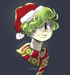 Size: 1127x1200 | Tagged: safe, artist:laymy, imported from derpibooru, oc, oc only, pony, bust, christmas, clothes, gray background, hat, holiday, santa hat, scarf, simple background, smiling, solo, striped scarf