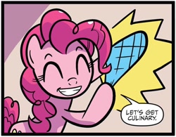 Size: 960x750 | Tagged: safe, artist:kate sherron, idw, imported from derpibooru, pinkie pie, earth pony, pony, spoiler:comic, spoiler:comic86, ^^, dialogue, emanata, eyes closed, female, g4, mare, oven mitts, solo, speech bubble