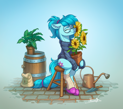 Size: 4170x3698 | Tagged: safe, artist:helmie-art, imported from derpibooru, oc, oc only, oc:whispy slippers, earth pony, pony, barrel, chair, clothes, ear fluff, earth pony oc, eyes closed, female, flower, flower pot, glasses, male, mare, plant, sitting, slippers, socks, solo, stool, sunflower, sweater, trowel, watering can