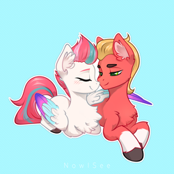 Size: 2000x2000 | Tagged: safe, artist:inowiseei, imported from derpibooru, sprout cloverleaf, zipp storm, earth pony, pegasus, pony, blushing, chest fluff, duo, female, g5, hug, lying down, male, mare, ponyloaf, prone, shipping, simple background, stallion, straight, winghug, wings, zippsprout