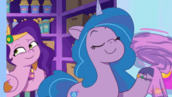 Size: 520x293 | Tagged: safe, imported from derpibooru, screencap, izzy moonbow, pipp petals, pegasus, pony, unicorn, spoiler:tyts01e43, animated, bridlewood spog, closet, duo, duo female, eyes closed, female, g5, gif, mare, my little pony: tell your tale, spinning, towel