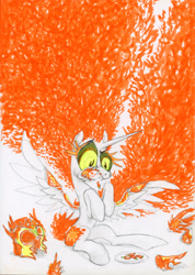 Size: 2915x4100 | Tagged: safe, artist:ja0822ck, imported from derpibooru, daybreaker, alicorn, pony, chilli, fire, food, helmet, mane of fire, on fire, sitting, slim, thin, this ended in fire, traditional art