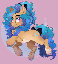 Size: 4500x5005 | Tagged: safe, artist:pvrii, imported from derpibooru, oc, oc only, earth pony, pony, bow, bracelet, chest fluff, coat markings, dappled, ear piercing, earring, earth pony oc, eyebrows, eyebrows visible through hair, hair bow, hair over one eye, hoof polish, jewelry, looking at you, piercing, smiling, smiling at you, solo, tail, tail bow