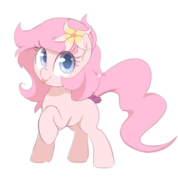 Size: 2000x2000 | Tagged: safe, artist:thebatfang, imported from derpibooru, oc, oc only, oc:kayla, earth pony, pony, blue eyes, earth pony oc, eye clipping through hair, flower, flower in hair, heart, heart eyes, looking at you, raised hoof, simple background, solo, tongue out, white background, wingding eyes