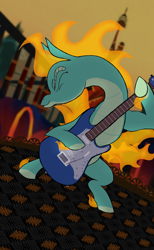 Size: 4000x6500 | Tagged: safe, artist:jsacos, imported from derpibooru, dragon, hybrid, longma, art pack:tianhuo art pack, them's fightin' herds, community related, electric guitar, eyes closed, guitar, musical instrument, scaled underbelly, solo, tail, tianhuo (tfh), wings