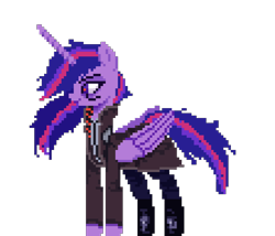 Size: 1120x960 | Tagged: safe, artist:menalia, imported from derpibooru, twilight sparkle, alicorn, pony, boots, clothes, cyberpunk, female, horn, jacket, looking at something, mare, pants, pixel art, shirt, shoes, simple background, solo, standing, transparent background, twilight sparkle (alicorn), wings