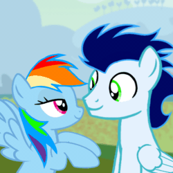 Size: 720x720 | Tagged: safe, artist:mlplary6, imported from derpibooru, rainbow dash, soarin', pegasus, pony, animated, cheek kiss, eyes closed, female, gif, heart, kissing, looking at each other, looking at someone, love, male, mare, shipping, smiling, smiling at each other, soarindash, stallion, straight