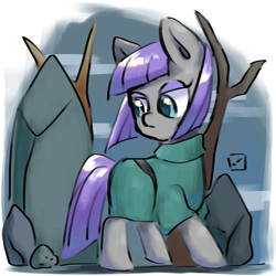 Size: 1280x1280 | Tagged: safe, artist:metaruscarlet, imported from derpibooru, maud pie, earth pony, pony, boulder, boulder (g4), clothes, dress, female, looking back, mare, rock, sky, solo, tree