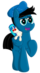 Size: 3604x6600 | Tagged: safe, artist:agkandphotomaker2000, imported from derpibooru, dj pon-3, vinyl scratch, oc, oc only, oc:pony video maker, pegasus, pony, derpibooru community collaboration, 2023 community collab, director's hat, eyebrows, eyebrows visible through hair, folded wings, hoof on chest, looking at you, male, open mouth, pegasus oc, plushie, simple background, solo, transparent background, tumblr, wings