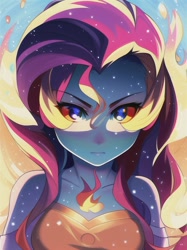 Size: 512x683 | Tagged: safe, editor:sammykun, imported from derpibooru, sunset shimmer, human, equestria girls, ai content, ai generated, angry, eyebrows, eyebrows visible through hair, female, fiery shimmer, fire, fire hair, frown, generator:novelai, generator:stable diffusion, humanized, lighting, looking at you, serious, serious face, shadow, solo