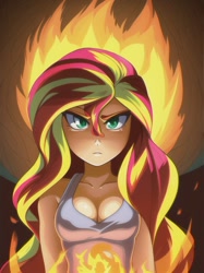 Size: 512x683 | Tagged: safe, editor:sammykun, imported from derpibooru, sunset shimmer, human, equestria girls, ai content, ai generated, angry, bare shoulders, breasts, burning, bust, busty sunset shimmer, cleavage, female, fiery shimmer, fire, fire hair, frown, generator:novelai, generator:stable diffusion, humanized, lighting, long hair, looking at you, serious, serious face, shadow, sleeveless, solo