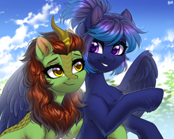 Size: 2500x2000 | Tagged: safe, artist:hakaina, imported from derpibooru, oc, oc only, kirin, pegasus, pony, bust, cheek fluff, chest fluff, cloud, colored, cute, duo, ear cleavage, ear fluff, eyelashes, fluffy, grin, high res, hoof fluff, horn, hug, kirin oc, leg fluff, looking at each other, looking at someone, ocbetes, partially open wings, pegasus oc, purple eyes, shading, signature, sky, slim, smiling, smiling at each other, spread wings, teeth, thin, unshorn fetlocks, wing fluff, wings, yellow eyes