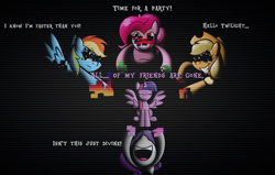 Size: 1162x737 | Tagged: safe, artist:scootieloo, imported from derpibooru, applejack, pinkie pie, rainbow dash, rarity, twilight sparkle, alicorn, earth pony, pegasus, pony, unicorn, black background, corrupted, error, eyes closed, female, glitch, pibby, simple background, sitting, text, twilight sparkle (alicorn)