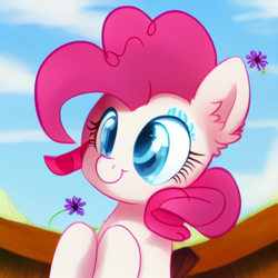 Size: 512x512 | Tagged: safe, derpibooru exclusive, editor:jasmindreasond, imported from derpibooru, pinkie pie, pony, ai content, ai generated, blue eyes, cute, female, flower, generator:stable diffusion, mare, simple background, smiling, solo