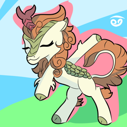 Size: 2000x2000 | Tagged: safe, artist:papacruda09, imported from derpibooru, autumn blaze, kirin, cloven hooves, happy, simple background, smiling, solo, standing on two hooves