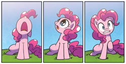 Size: 1334x679 | Tagged: safe, artist:agnesgarbowska, idw, imported from derpibooru, pinkie pie, earth pony, pony, spoiler:comic, spoiler:comic59, cute, female, g4, gritted teeth, mare, nose in the air, open mouth, solo, teeth