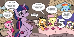 Size: 1334x671 | Tagged: safe, artist:katiecandraw, idw, imported from derpibooru, applejack, fluttershy, pinkie pie, rainbow dash, rarity, spike, twilight sparkle, dragon, earth pony, pegasus, pony, unicorn, reflections, spoiler:comic, spoiler:comic20, alternate universe, baby, baby dragon, bipedal, book, chubby, chubby twilight, dialogue, evil counterpart, food, g4, group, male, mane six, picture, salad, sextet, speech bubble, unicorn twilight