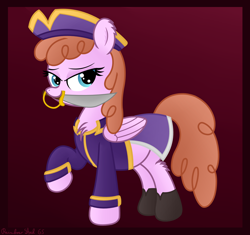 Size: 3150x2956 | Tagged: safe, artist:rainbowšpekgs, imported from derpibooru, jetstream, pegasus, pony, chest fluff, clothes, eyebrows, female, folded wings, gradient background, hat, high res, looking at you, mare, mouth hold, pirate, pirate hat, raised hoof, signature, solo, standing, sword, weapon, wings