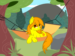 Size: 2000x1500 | Tagged: safe, artist:foxyfell1337, imported from derpibooru, oc, oc only, oc:orange diamond, earth pony, pony, base used, earth pony oc, female, forest, hammock, mare, solo, tree