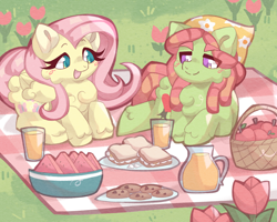 Size: 2500x2000 | Tagged: safe, artist:lumiville, imported from derpibooru, fluttershy, tree hugger, earth pony, pegasus, pony, basket, cookie, cute, drink, duo, female, flower, fluffy, folded wings, food, glass, grass, high res, juice, looking at each other, looking at someone, lying down, mare, open mouth, open smile, picnic, picnic blanket, pitcher, prone, sandwich, shyabetes, smiling, watermelon, wings