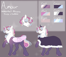 Size: 5268x4548 | Tagged: safe, artist:paliona, imported from derpibooru, oc, oc:amour, alicorn, pony, alicorn oc, clothes, female, horn, magical lesbian spawn, mare, offspring, parent:princess cadance, parent:trixie, reference sheet, solo, wings