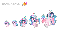 Size: 5000x2500 | Tagged: safe, artist:stellamoonshineyt, imported from derpibooru, oc, oc:euthanasia, alicorn, hybrid, pony, age progression, antennae, baby, baby pony, base used, crown, female, filly, foal, folded wings, heterochromia, hoof shoes, interspecies offspring, jewelry, leonine tail, mare, offspring, parent:discord, parent:princess celestia, parents:dislestia, partially open wings, peytral, red pupils, regalia, simple background, spread wings, tail, teenager, transparent background, wings