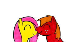 Size: 1080x600 | Tagged: safe, artist:ponyplays, edit, imported from derpibooru, big macintosh, fluttershy, earth pony, pegasus, pony, boop, cropped, eyes closed, female, fluttermac, male, noseboop, nuzzling, shipping, simple background, smiling, stallion, straight, traditional art, white background