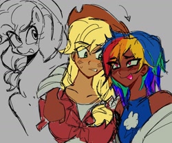 Size: 1724x1434 | Tagged: safe, artist:rxrywwi, imported from derpibooru, applejack, pinkie pie, rainbow dash, human, pony, blackwashing, blushing, eye clipping through hair, humanized, sketch, smiling, tongue out