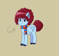 Size: 1708x1620 | Tagged: safe, artist:cristi444n, imported from derpibooru, oc, oc only, oc:navy plight, pegasus, pony, blue eyes, clothes, curly hair, curly mane, curly tail, folded wings, full body, hooves, pegasus oc, quadrupedal, red hair, scarf, solo, standing, striped scarf, tail, wings