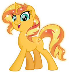 Size: 4343x4519 | Tagged: safe, artist:emeraldblast63, imported from derpibooru, sunset shimmer, pony, unicorn, spoiler:tyts01e43, bridlewood spog, female, g4, g5, glowing mane, mare, my little pony: tell your tale, open mouth, open smile, shimmer, simple background, smiling, solo, sparkles, sparkly mane, transparent background