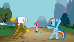 Size: 1000x563 | Tagged: safe, imported from derpibooru, screencap, gilda, pinkie pie, rainbow dash, earth pony, griffon, pegasus, pony, griffon the brush off, bipedal, butt, dancing, glasses, plot, tree