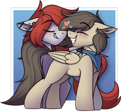 Size: 2148x1901 | Tagged: safe, artist:notetaker, imported from derpibooru, oc, oc only, oc:scarlett lane, oc:snaggletooth, pegasus, pony, clothes, duo, freckles, pegasus oc, piercing, scarf, wings